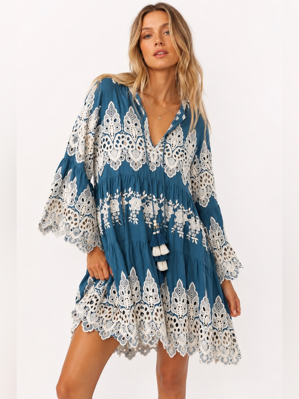 Happy Island Greek Resort Collection Blue Embroidered Tassel Dress XL NEW